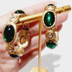 Vintage Kenneth Jay Lane emerald gold satin hoops gemstone earrings clips